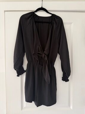 Black Tie-Front Long Sleeve Romper